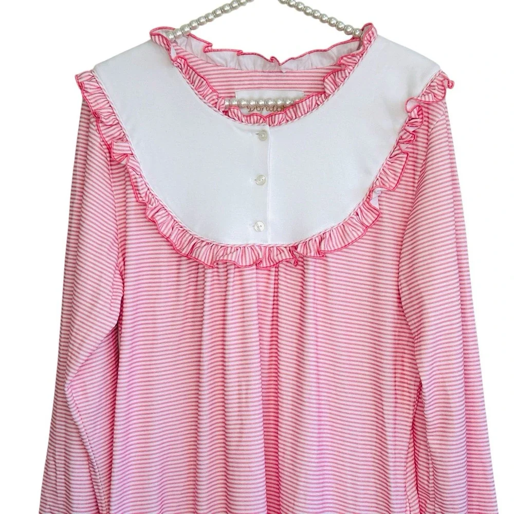 Dondolo‎ Rosina Pima Cotton Nightgown XXL Cottage Striped Pink Ruffle Midi NEW